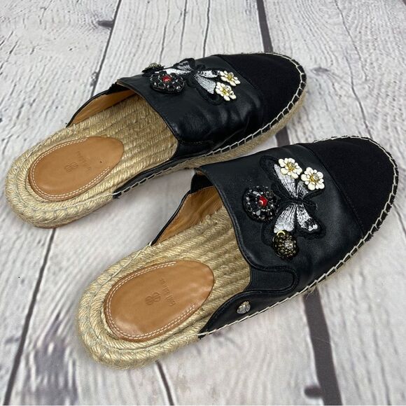 BILL BLASS Wallis black floral & butterfly embellished espadrille mules, size 9 - Picture 10 of 13